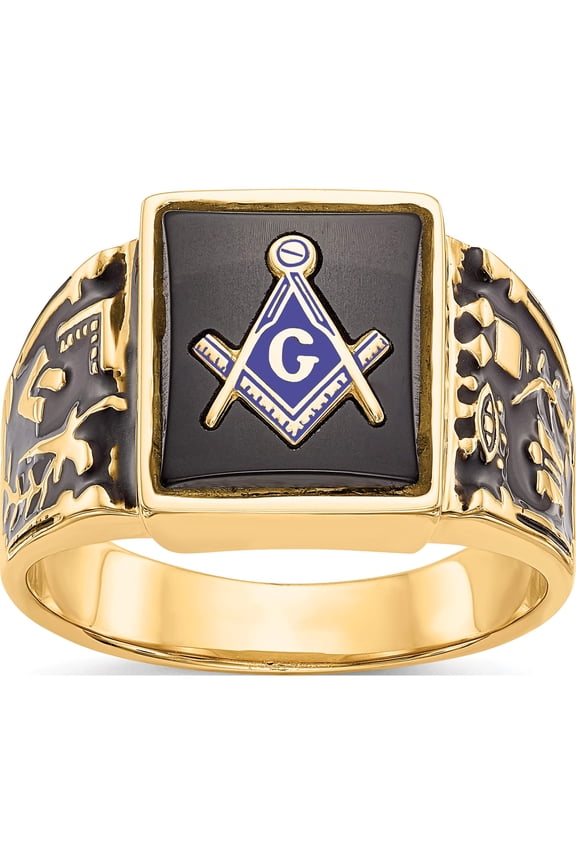 14K Yellow Gold IB Goodman 14K Mens Polished and Textured with Black Enamel and Onyx Masonic Ring
