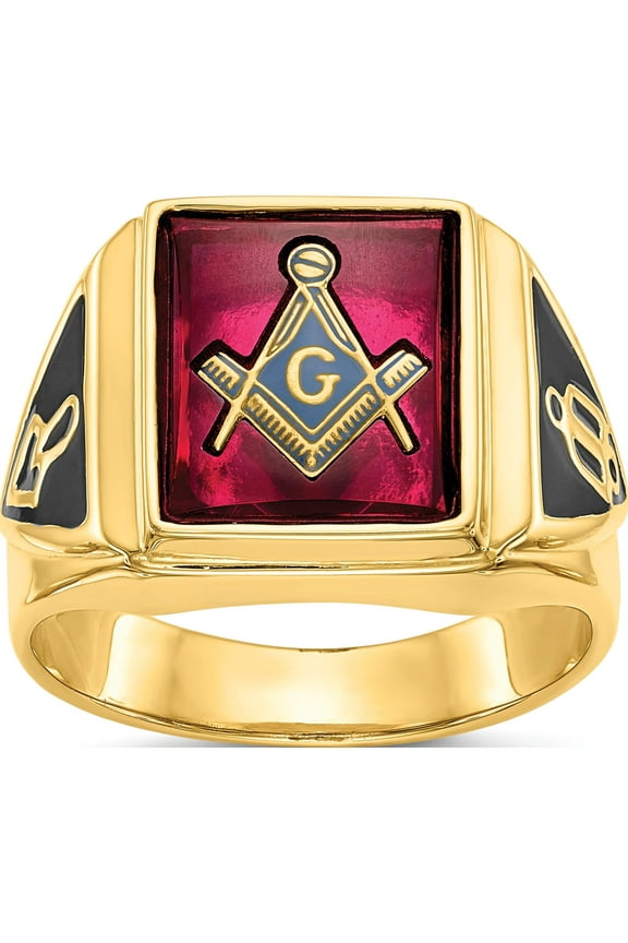 14K Yellow Gold Men's Synthetic Ruby Masonic Ring (Size 10) Made In United States y1576m