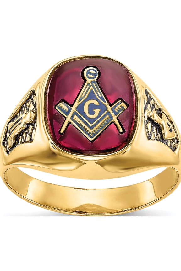 14K Yellow Gold Men's Synthetic Ruby Masonic Ring (Size 10) Made In United States y1583m