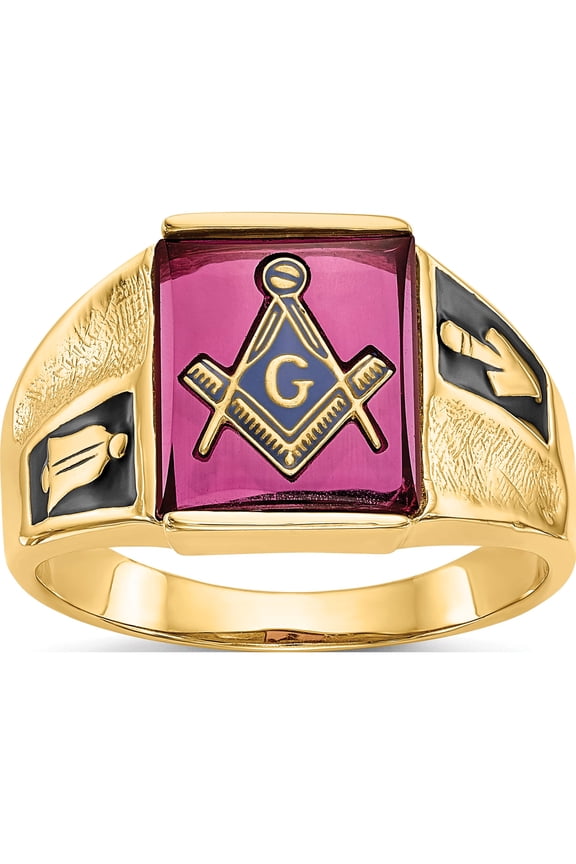 14K Yellow Gold Men's Synthetic Ruby Masonic Ring (Size 10) Made In United States y4092m