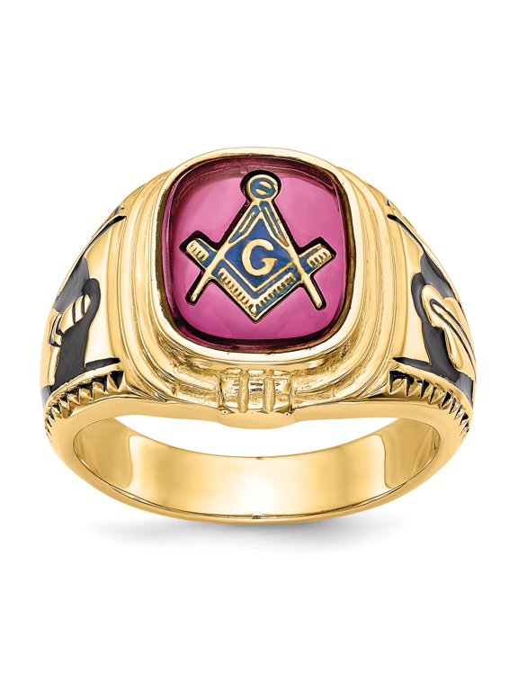 14K Yellow Gold Men's Synthetic Ruby Masonic Ring Size 10