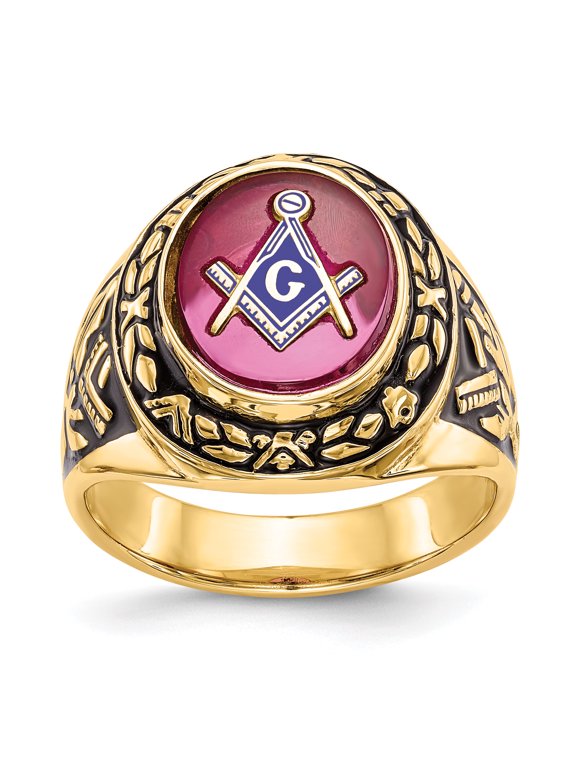 14K Yellow Gold Men's Synthetic Ruby Masonic Ring Size 10