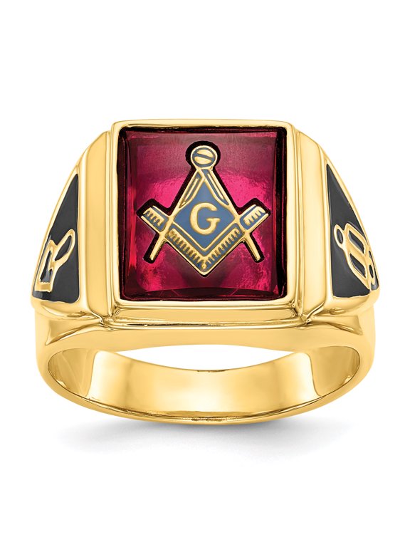 14K Yellow Gold Men's Synthetic Ruby Masonic Ring Size 10