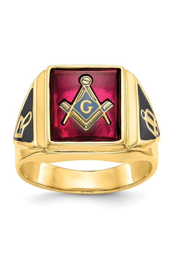 14K Yellow Gold Men's Synthetic Ruby Masonic Ring Size 10