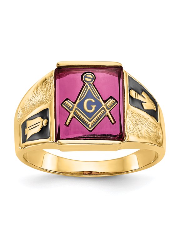 14K Yellow Gold Men's Synthetic Ruby Masonic Ring Size 10