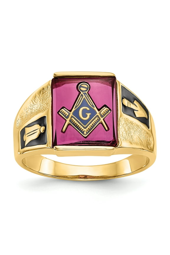 14K Yellow Gold Men's Synthetic Ruby Masonic Ring Size 10