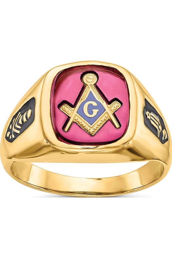 14K Yellow Gold Men's Synthetic Ruby Masonic Ring (Size 9) Made In United States y1588m