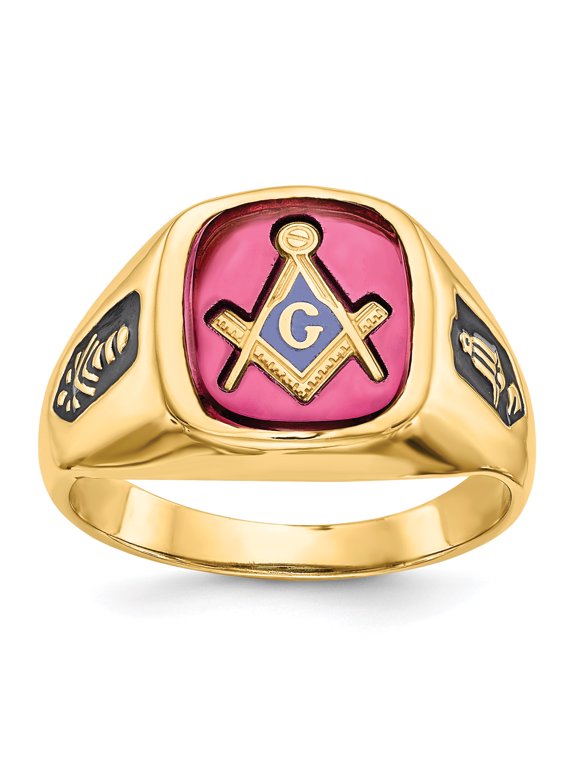 14K Yellow Gold Men's Synthetic Ruby Masonic Ring Size 9