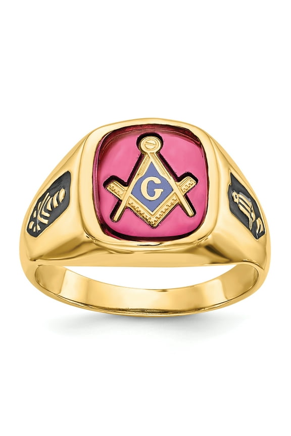 14K Yellow Gold Men's Synthetic Ruby Masonic Ring Size 9