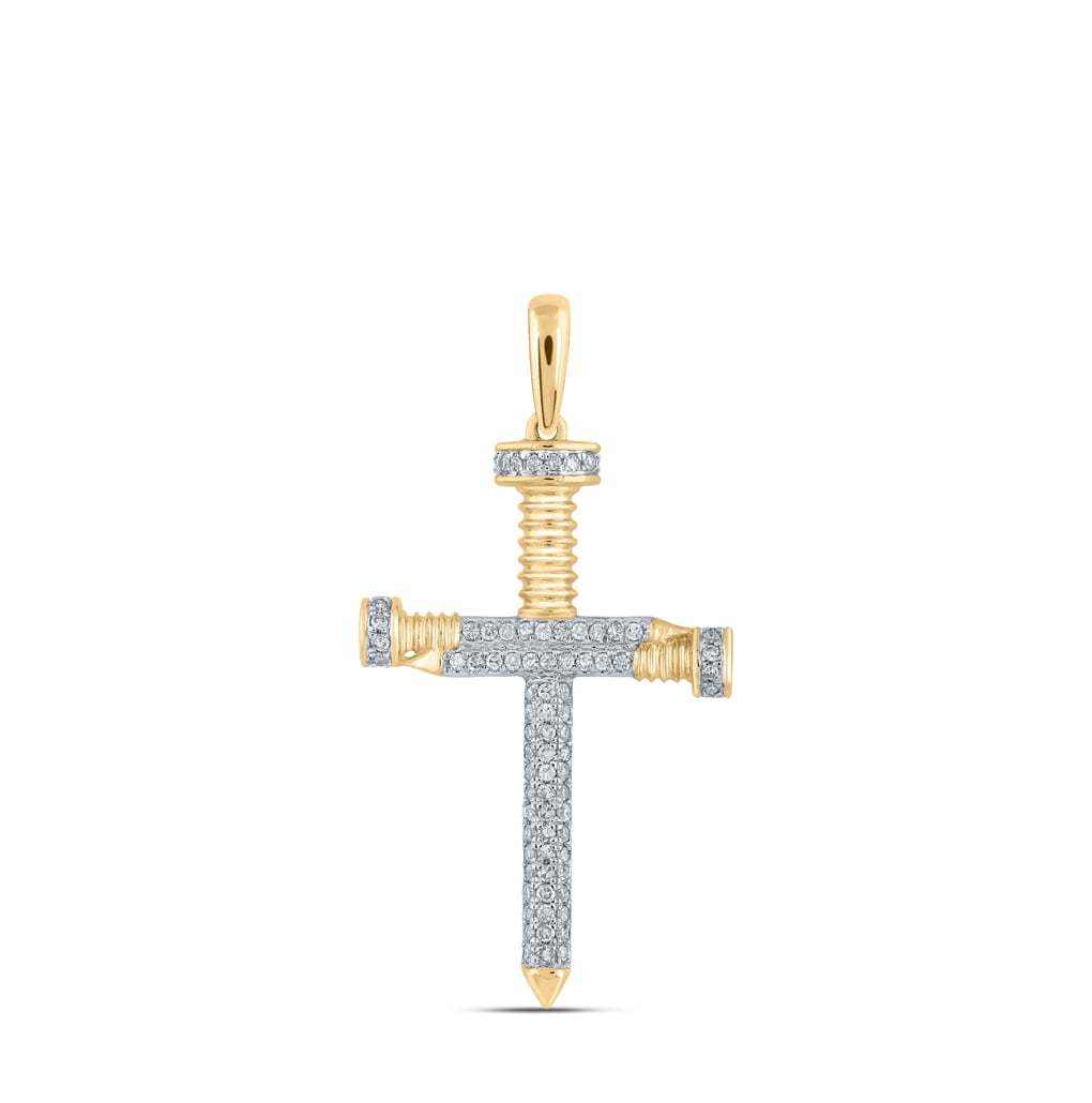 14K Yellow Gold Mens Round Diamond Nail Cross Charm Pendant 1/3 Cttw