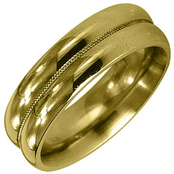 14K Yellow Gold Mens Wedding Band 6mm High Gloss Milgrain Comfort Fit