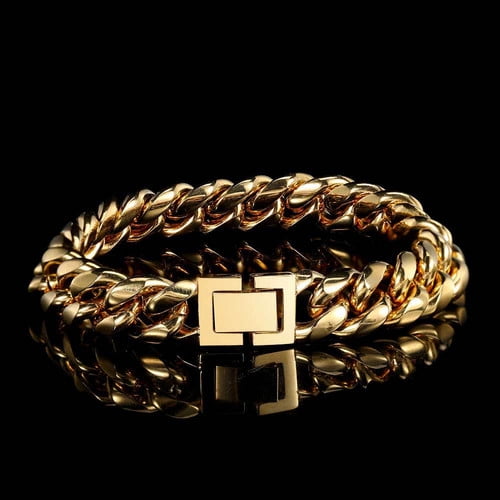 14K Yellow Gold Miami Cuban Link Bracelet 18mm Hidden-Safety-Clasp Bangle Unisex Streetwear Jewelry