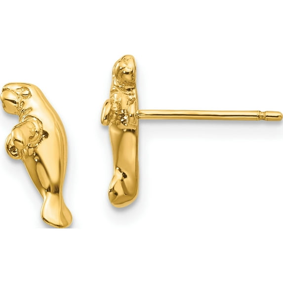 14K Yellow Gold Mini Manatee Post Earrings (12 X 5) Made In Peru tc612