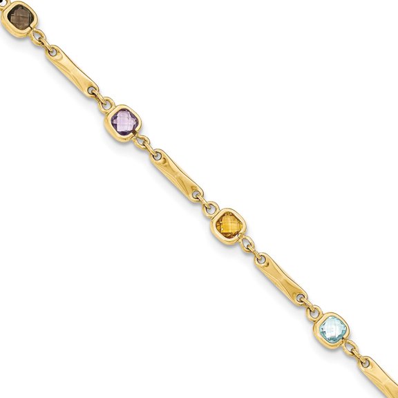 Jewelry by Sweet Pea 14K Yellow Gold Complete Cushion-cut Sky Blue Topaz/White Quartz/Smoky Quartz/Amethyst/Citrine Fancy Link 7 inch Rainbow Bracelet