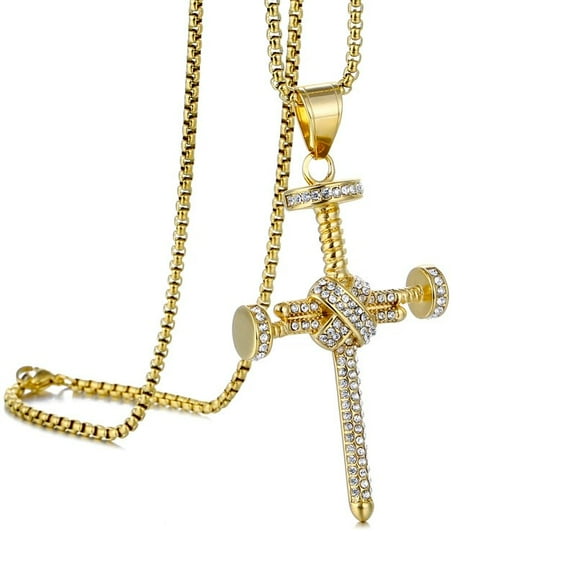 14K Yellow Gold Nail Cross Pendant Jesus Necklace Iced Out Fashion Jewelry for Women Hip Hop Charms Men Women Gift