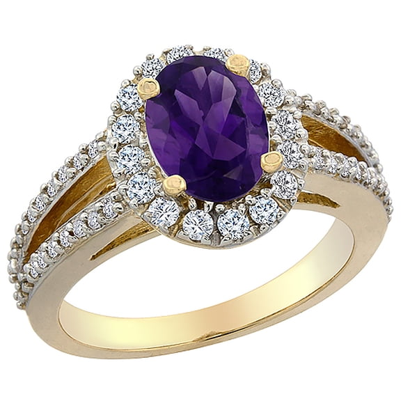 14K Yellow Gold Natural Amethyst Halo Ring Oval 8x6 mm with Diamond Accents, size 7