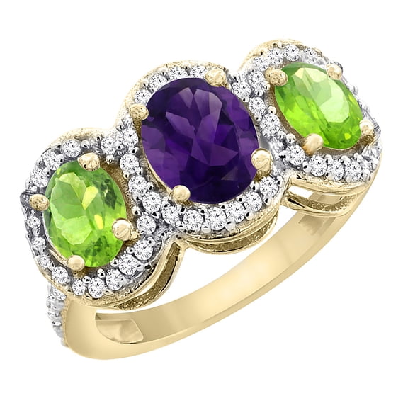 14K Yellow Gold Natural Amethyst & Peridot 3-Stone Ring Oval Diamond Accent, size 9