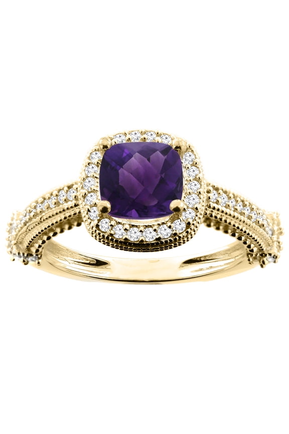 14K Yellow Gold Natural Amethyst Ring Cushion 7x7mm Diamond Accent 7/16 inch wide, size 10