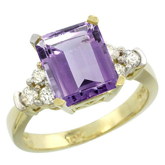 14K Yellow Gold Natural Amethyst Ring Octagon 9x7mm Diamond Accent, size 7