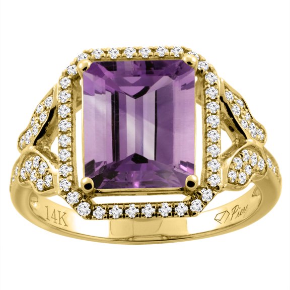 14K Yellow Gold Natural Amethyst Ring Octagon Shape 10x8 mm Diamond Accents, size 9.5
