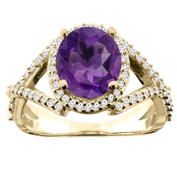 14K Yellow Gold Natural Amethyst Ring Oval 9x7mm Diamond Accent, size 7.5