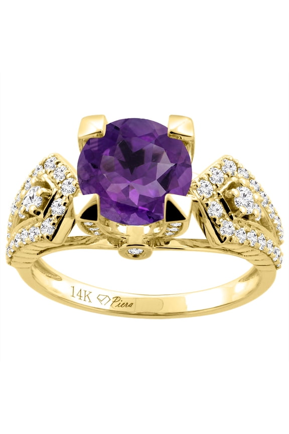 14K Yellow Gold Natural Amethyst Ring Round 7 mm Diamond Accents, size 6.5