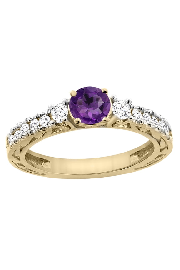 14K Yellow Gold Natural Amethyst Round 6mm Engraved Engagement Ring Diamond Accents, size 8