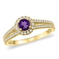 thumbnail image 1 of 14K Yellow Gold Natural Amethyst Split Shank Diamond Halo Engagement Ring 4mm Round, size 9.5, 1 of 3