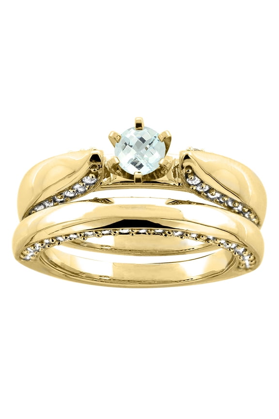 14K Yellow Gold Natural Aquamarine 2-piece Bridal Ring Set Diamond Accents Round 5mm, size 7.5