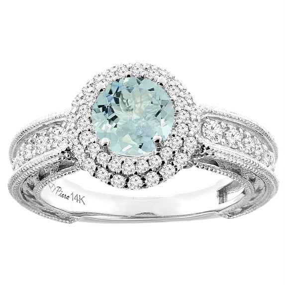 14K Yellow Gold Natural Aquamarine & Diamond Halo Ring Round 6 mm, size 9.5