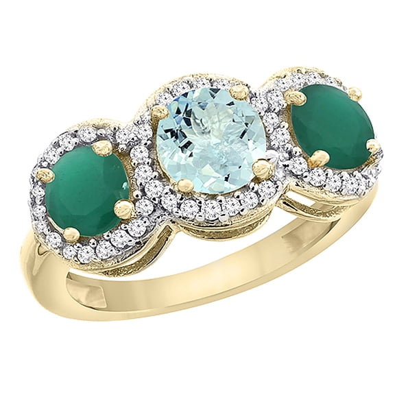 14K Yellow Gold Natural Aquamarine & Emerald Sides Round 3-stone Ring Diamond Accents, size 7.5