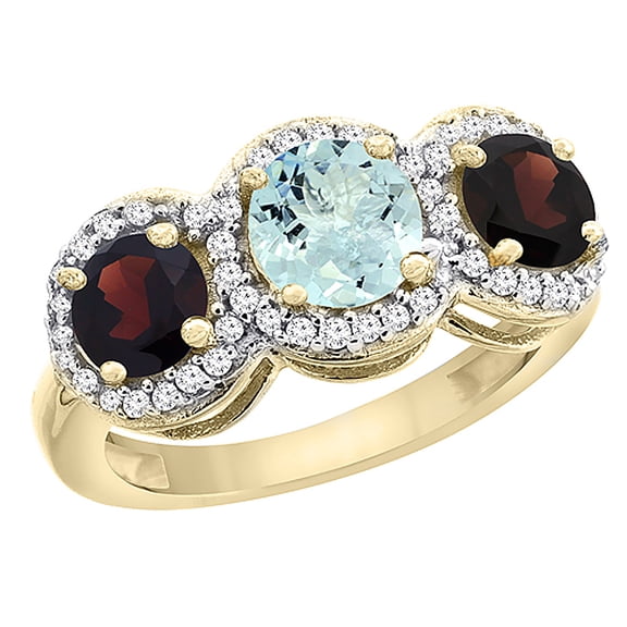 14K Yellow Gold Natural Aquamarine & Garnet Sides Round 3-stone Ring Diamond Accents, size 9