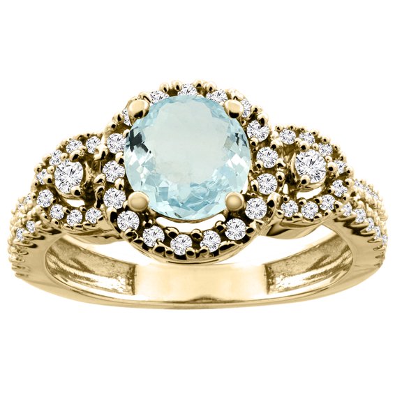 14K Yellow Gold Natural Aquamarine Ring Round 6mm Diamond Accents, size 7.5