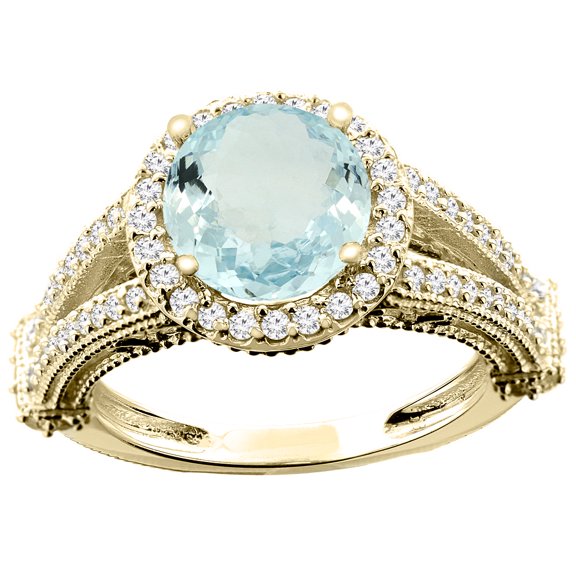 14K Yellow Gold Natural Aquamarine Ring Round 8mm Diamond Accent, size 9