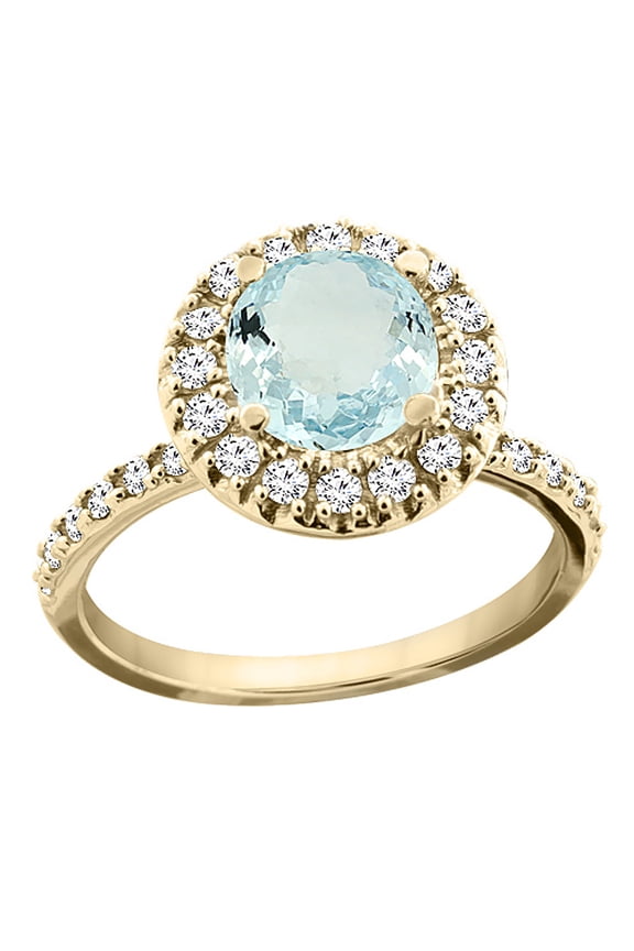 14K Yellow Gold Natural Aquamarine Ring Round 8mm Floating Halo Diamond, size 10