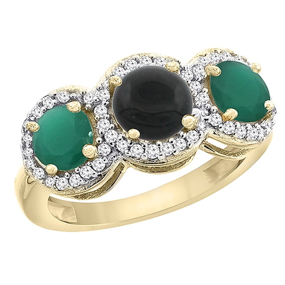 14K Yellow Gold Natural Black Onyx & Emerald Sides Round 3-stone Ring Diamond Accents, size 6.5