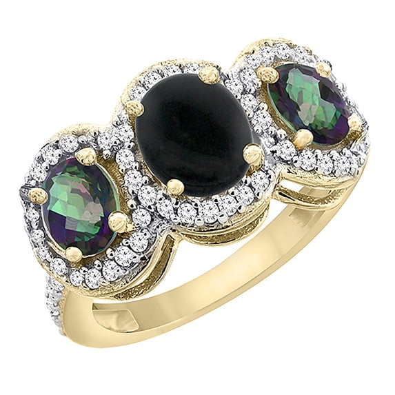 14K Yellow Gold Natural Black Onyx & Mystic Topaz 3-Stone Ring Oval Diamond Accent, size 5