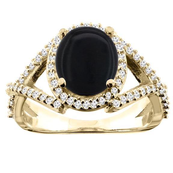 14K Yellow Gold Natural Black Onyx Ring Oval 9x7mm Diamond Accent, size 5