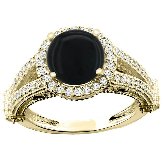 14K Yellow Gold Natural Black Onyx Ring Round 8mm Diamond Accent, size 6