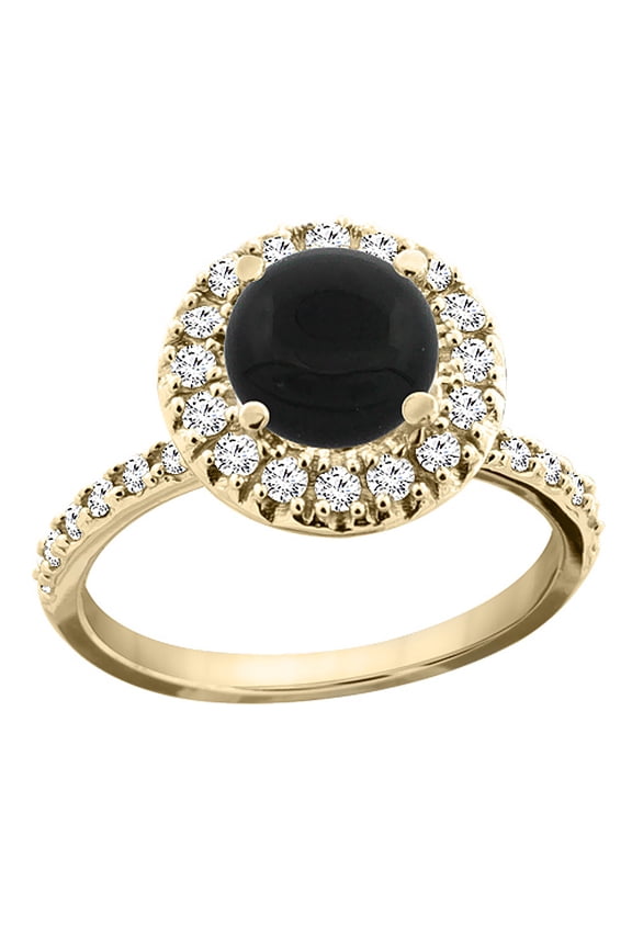 14K Yellow Gold Natural Black Onyx Ring Round 8mm Floating Halo Diamond, size 10
