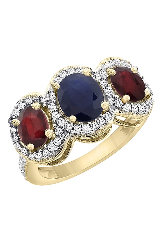 14K Yellow Gold Natural Blue Sapphire & Enhanced Ruby 3-Stone Ring Oval Diamond Accent, size 9