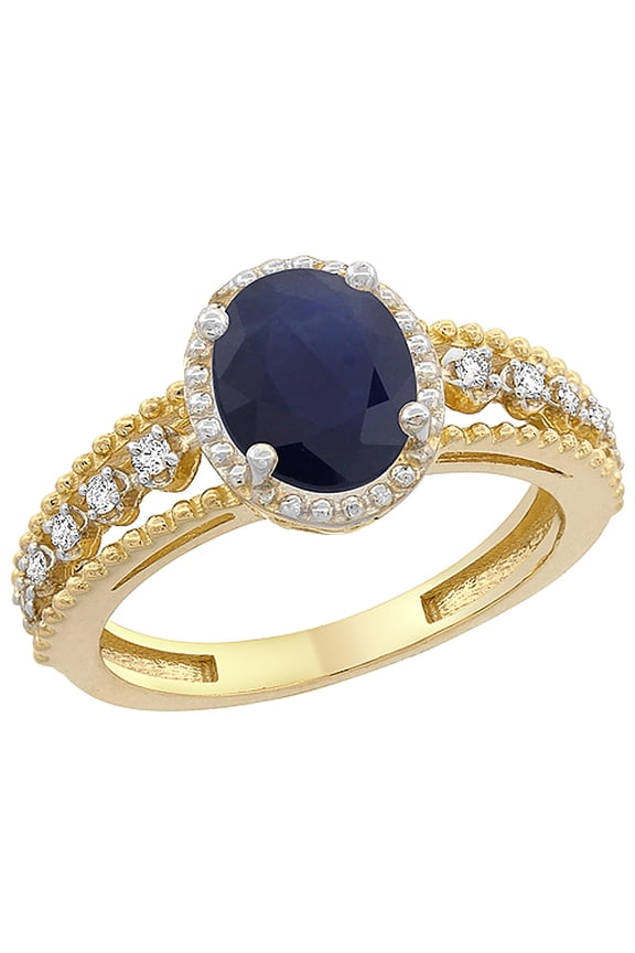 14K Yellow Gold Natural Blue Sapphire Ring Oval 9x7 mm Floating Diamond Accents, size 7
