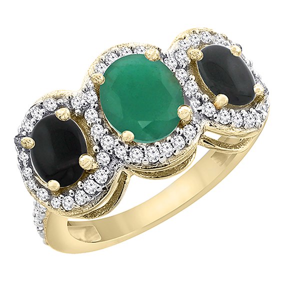14K Yellow Gold Natural Cabochon Emerald & Black Onyx 3-Stone Ring Oval Diamond Accent, size 9.5