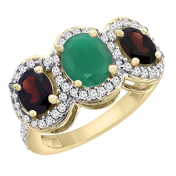 14K Yellow Gold Natural Cabochon Emerald & Garnet 3-Stone Ring Oval Diamond Accent, size 10