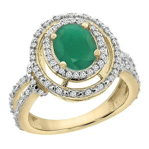 14K Yellow Gold Natural Cabochon Emerald Ring Oval 8x6 mm Double Halo Diamond, size 5