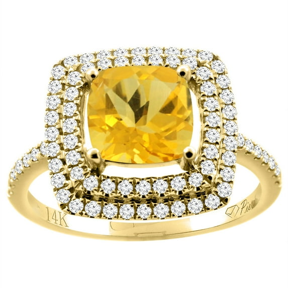 14K Yellow Gold Natural Citrine Ring Cushion Cut 7x7 mm Double Halo Diamond Accents, size 10