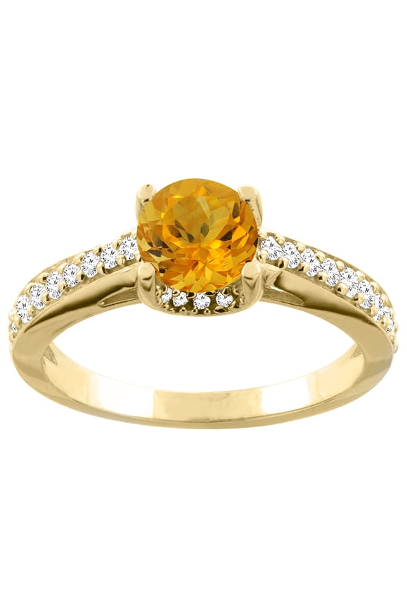 14K Yellow Gold Natural Citrine Ring Round 6mm Diamond Accents 1/4 inch wide, size 5