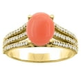 thumbnail image 1 of 14K Yellow Gold Natural Coral Tri-split Ring Oval 9x7mm Diamond Accents, size 8, 1 of 4