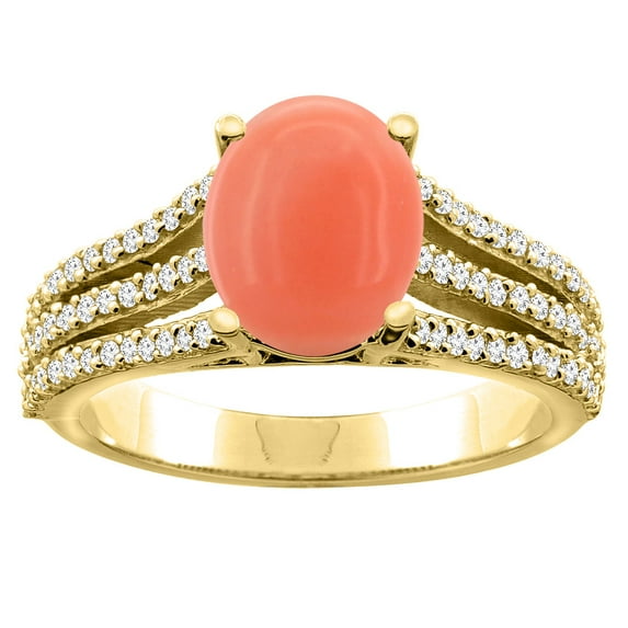 14K Yellow Gold Natural Coral Tri-split Ring Oval 9x7mm Diamond Accents, size 8