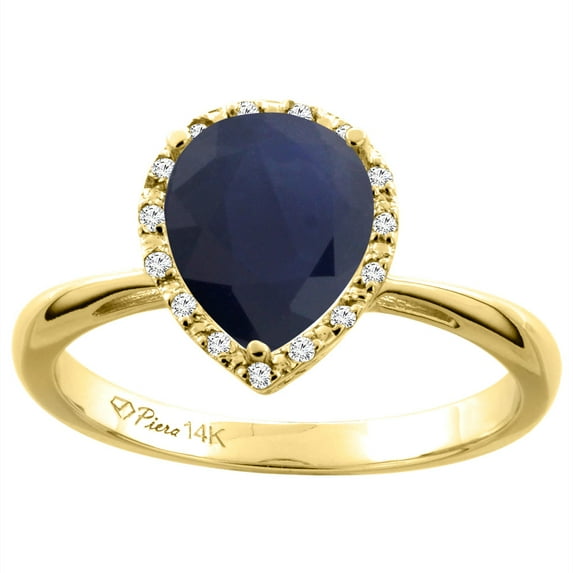 14K Yellow Gold Natural Diffused Ceylon Sapphire & Diamond Halo Engagement Ring Pear Shape 9x7 mm, size 9